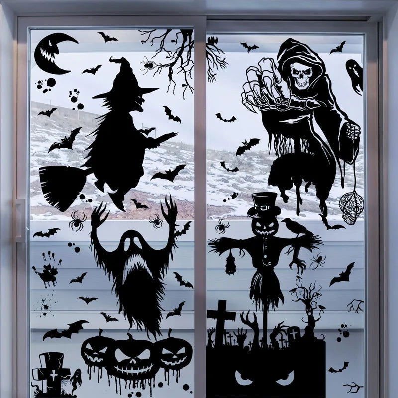 Black Halloween Decoration Skeleton Hand Pumpkin Door Sticker Ghost Festival Party Decor Scar Mouth Wall Sticker Happy Halloween